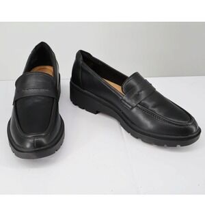 Clarks Calla Ease Black Leather Lug Sole Penny Loafers Comfort Size 11 Wide